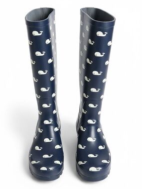 Bianca Whale Print Rain Boots Navy Rubber Waterproof Tall Boots Size 8
